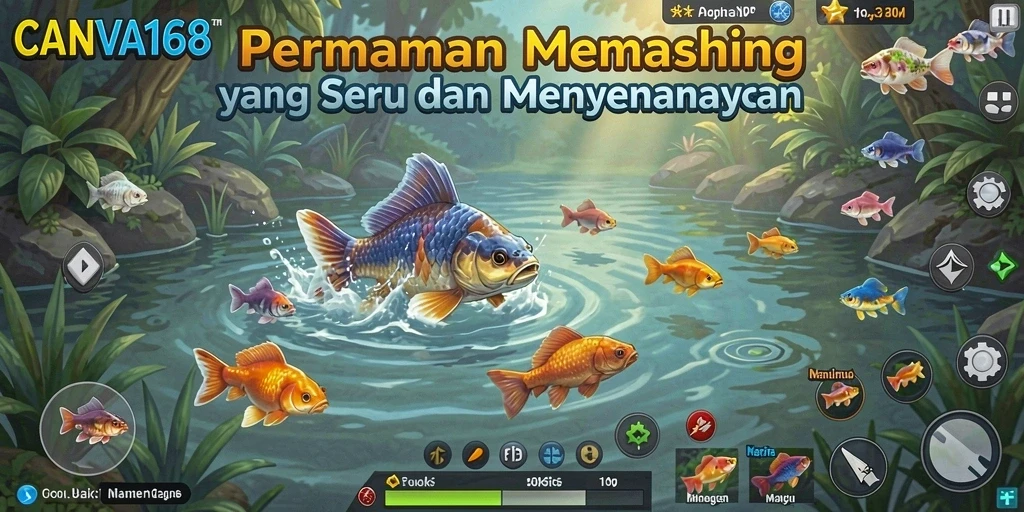 Screenshot dari gameplay CANVA168 menunjukkan momen menegangkan saat memancing.