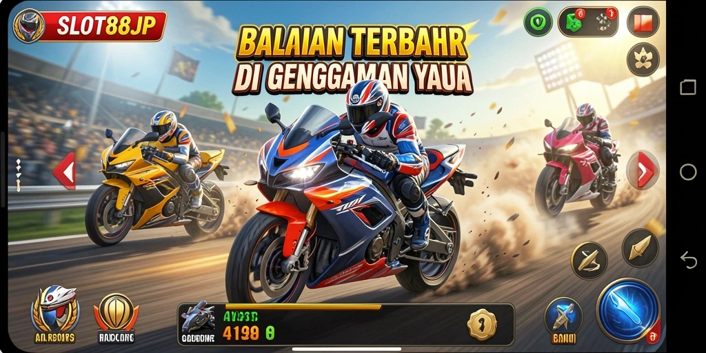 Screenshot permainan SLOT88JP menampilkan balapan motor yang intens dan mendebarkan.