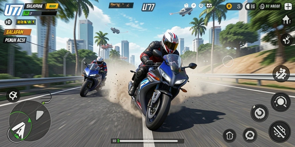 Tampilan gameplay seru dalam balapan motor UT77.